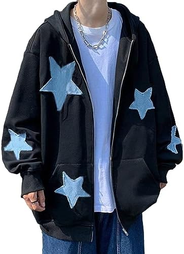 CEINOM Men's Star Patch Zip Up Hoodie for Men Women Graphic